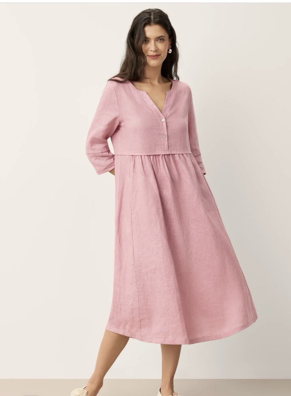 NWT $124 Lintico Linen Loose Fit Waist Gathered Midi Dress Sz XL Pastel Pink